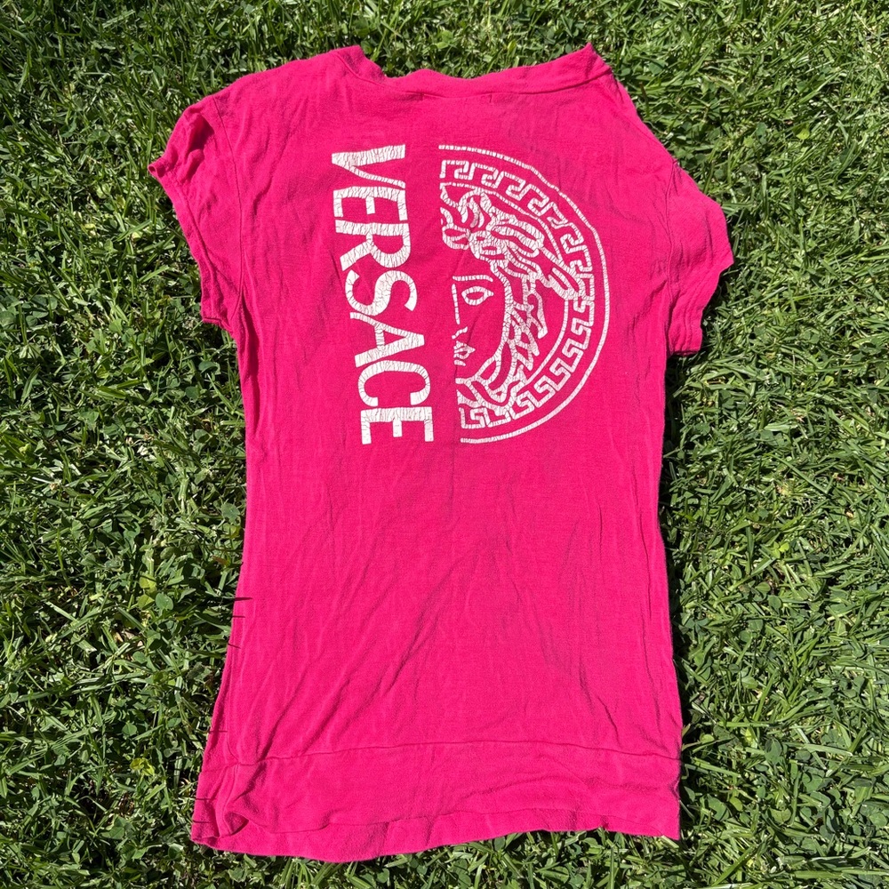 Vintage Versace Pink Stretch Medusa In Crystals Shirt Top T-shirt Size Small VTG